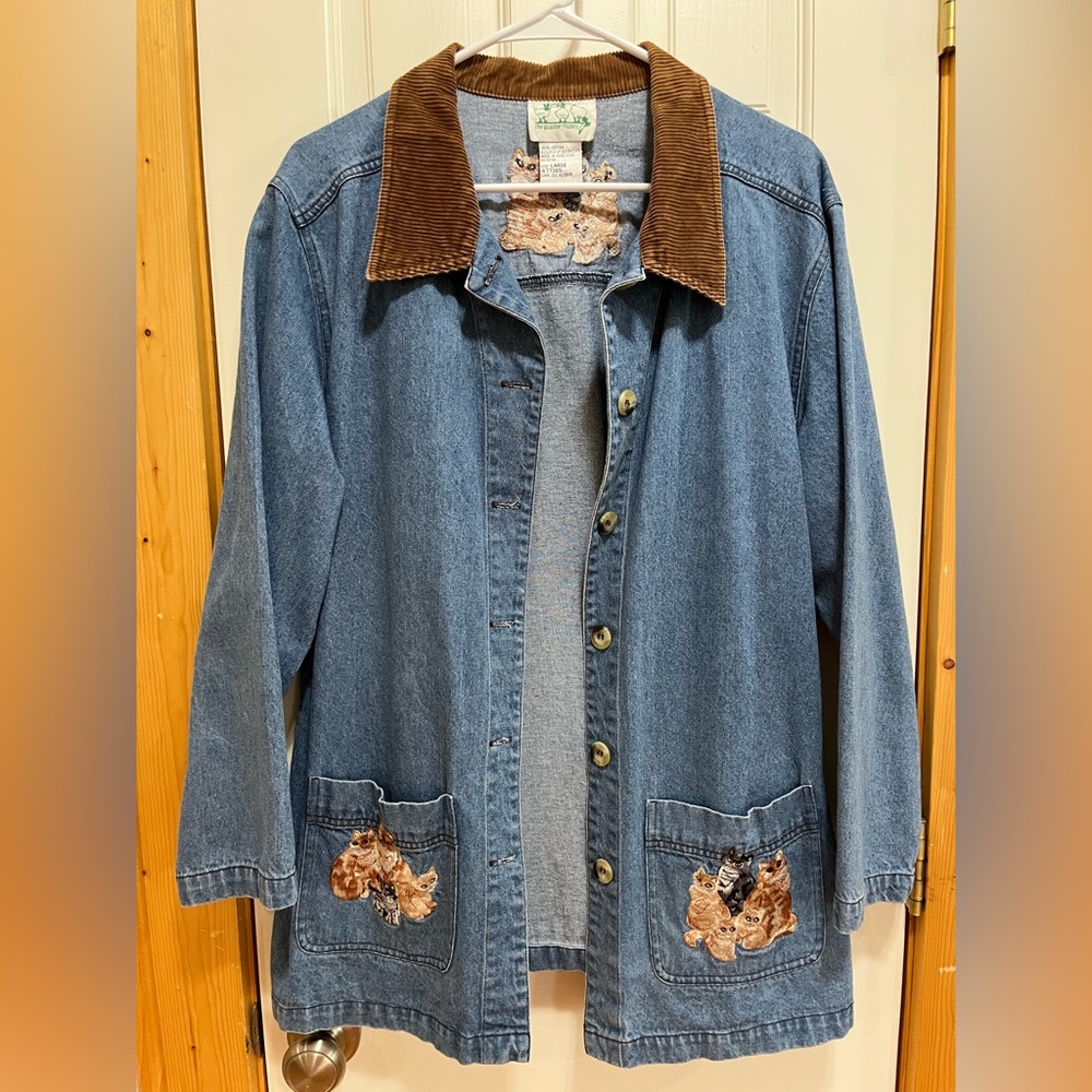 Quacker Factory Blue Denim Jacket with Brown Corduroy Collar and Cat Embroidery